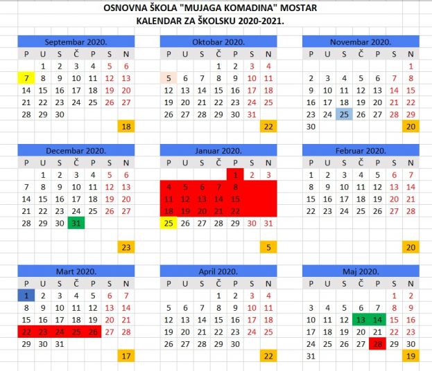 Kalendar nastave za školsku 2020-2021.god.